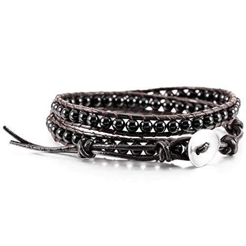 Boho Bracelets Adjustable Rope Buckle Handmade Leather-Wrapped Bracelet Jewelry Bohemian Style Bracelets Natural Stone Wrap Bracelets Variety Beads Strand Bracelet - color: Black
