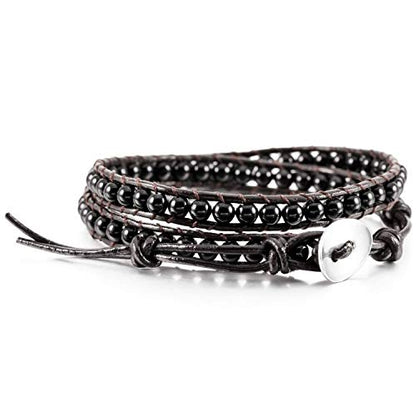 Boho Bracelets Adjustable Rope Buckle Handmade Leather-Wrapped Bracelet Jewelry Bohemian Style Bracelets Natural Stone Wrap Bracelets Variety Beads Strand Bracelet - color: Black