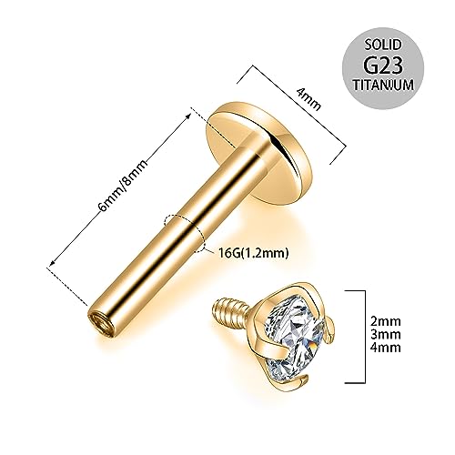 GAGABODY G23 Titanium 16G 6/8/10mm Clear CZ/Opal Internally Threaded Labret Monroe Lip Studs 6mm Helix Cartilage Tragus Earring Piercing - color: 16G-2Pcs-Gold-Length:8mm CZ:4mm
