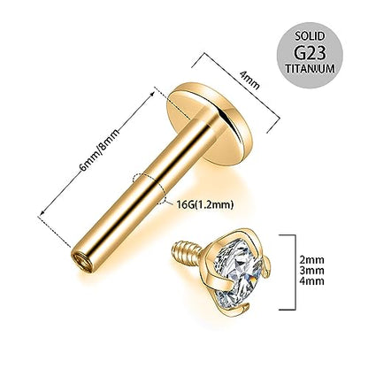 GAGABODY G23 Titanium 16G 6/8/10mm Clear CZ/Opal Internally Threaded Labret Monroe Lip Studs 6mm Helix Cartilage Tragus Earring Piercing - color: 16G-2Pcs-Gold-Length:8mm CZ:4mm