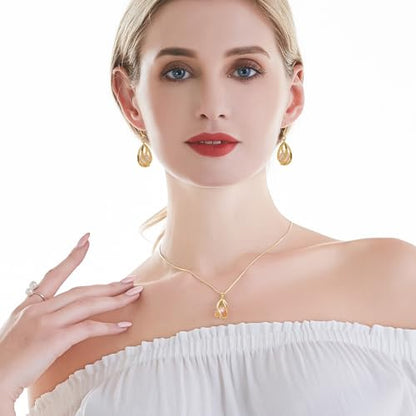 Pearl Jewelry Set For Women S925 Sterling Silver/14K Gold Plated Necklace & Earrings Set Freshwater Pearl Pendant Cage Set for Wedding Anniversary Prom Birthday Gift - color: Golden-Pink