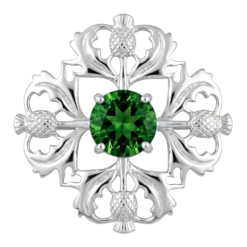 Alexander Castle 925 Sterling Silver Scottish Thistle Brooch Pin with Emerald CZ Stone & Jewelry Gift Box - Scottish Gift for Women