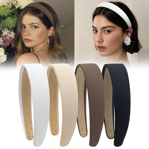 4 Pack Wide Padded Headbands Solid Non Slip Hair Bands for Women | Soft inner padding, matte solid color, fits all hairstyles, holds hair tight, ideal for makeup, washing face, &daily wear