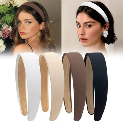 4 Pack Wide Padded Headbands Solid Non Slip Hair Bands for Women | Soft inner padding, matte solid color, fits all hairstyles, holds hair tight, ideal for makeup, washing face, &daily wear