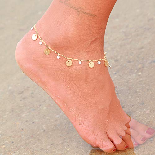 LOYATA Dainty Ankle Bracelet,14K Gold Plated Tiny Bead Anklet Dainty White Cubic Zirconia Cross Tassel Foot Chain Cute Lucky Moon Evil Eye Foot Jewelry Boho Anklets for Women - color: Moon 1