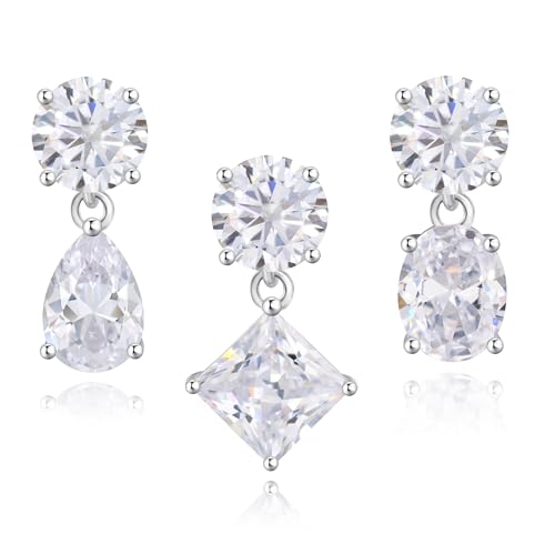 Cubic Zirconia Stud Earrings for Women,18K White Gold Plated,Women's 925 Sterling Silver Simulated CZ Earrings with Pear/Round/Princess/Oval Cut. - style: Princess-Round