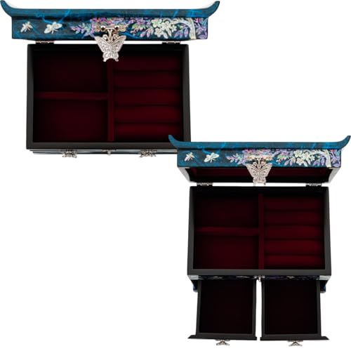 February Mountain Elegant Mother of Pearl Jewelry Box – Handcrafted Wooden Chest with Intricate Butterfly and Crane Designs, 4 Drawer Storage, and Red Velvet Interior – Ideal Gift for Women - style: Crane and Pine Tree - Blue