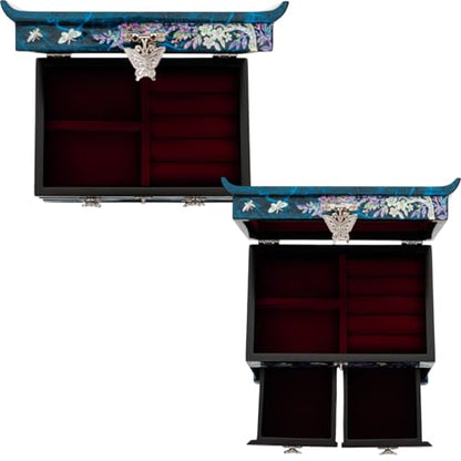 February Mountain Elegant Mother of Pearl Jewelry Box – Handcrafted Wooden Chest with Intricate Butterfly and Crane Designs, 4 Drawer Storage, and Red Velvet Interior – Ideal Gift for Women - style: Crane and Pine Tree - Blue