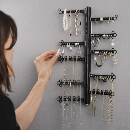 12-Tier Hanging Wall Jewelry Organizer, Earring,Necklace,Ring Holder-Black | Large Capacity with 120 Earring Holes, Rotating Branches, genuine 3M Command Strips, Bracelet, Ring & Necklace Storage - color: Black 12-Tier