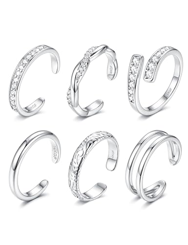 Subiceto 6 Pcs 14K Gold Filled Toe Rings for Women Non Tarnish Dainty Open Adjustable Toe Ring Set Stackable Cz Hypoallergenic Beach Summer Foot Jewelry for Women - color: texture silver