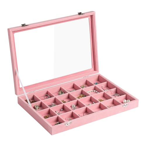 Frebeauty 24 Grid Earring Organizer,Velvet Jewelry Tray with Clear Lid | Drawer Jewelry Organizer for Rings Studs Brooch,Adjustable Divider,Dustproof Design,Earring Storage,Trinket Box,13.8×9.5Inch - color: Pink, size: 24 Grid