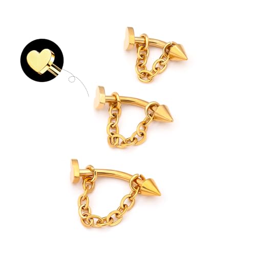 3 Pcs 316L Stainless Steel 16G Tragus Helix Rook Piercing Jewelry with Chain, Cartilage Earrings for Women, Belly Button Ring Vertical Labret Lip Piercing Jewelry - color: Gold, size: Heart
