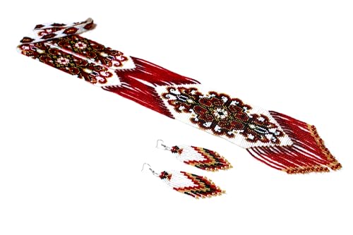 Long Beaded Necklace – Boho Native Handmade Seed Bead Tassel Necklace, Bohemian Large Statement Beaded Necklace for Women - color: Milan Red