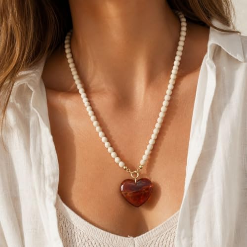 Wood Bead Heart Necklace for Women Amber Color Resin Heart Pendant Natural Wooden Beaded Necklace Boho Long Vacation Jewelry Gift - color: B1:wood beaded necklace