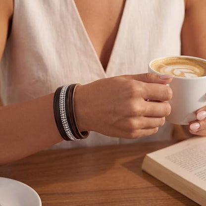 Edoneery Leather Wrap Bracelets for Women, Boho Layered Cuff Bangle | Multi-layer Leather Cuff, Daily wear, Stackable Bangle, Easy on-off, Western Jewelry Gifts for Women - color: Black-1