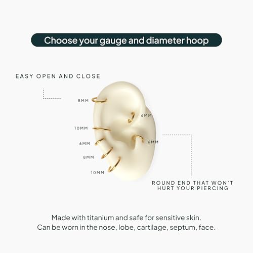 PAVOI Clicker Hoop Earrings for Women & Men, 14K Gold Plated Hinged Huggies | Hypoallergenic Titanium Piercing Earrings, Piercing Jewelry Cartilage Helix Nose Ring Tragus Rook Septum 16-18-20 Gauges - color: Yellow Gold, size: 16 Gauge 8mm