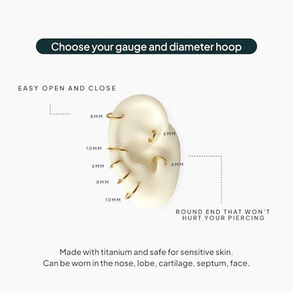 PAVOI Clicker Hoop Earrings for Women & Men, 14K Gold Plated Hinged Huggies | Hypoallergenic Titanium Piercing Earrings, Piercing Jewelry Cartilage Helix Nose Ring Tragus Rook Septum 16-18-20 Gauges - color: Yellow Gold, size: 16 Gauge 8mm