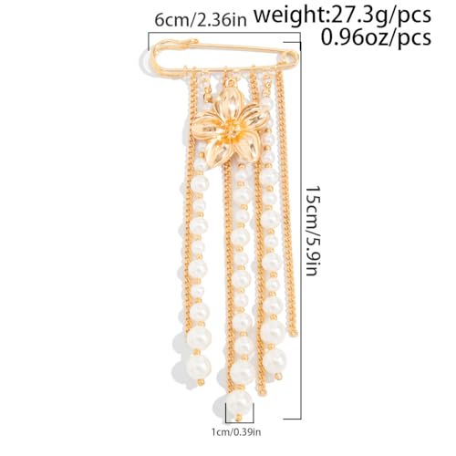 Gold Flower Pearl Tassel Brooch Pin for Women Elegant Pearl Chain Safety Pin Brooch Wedding Party Gift Dainty Elegant Lapel Pins Dress Suit Clothes Accessories - color: Gold