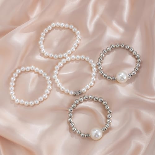 GIGB PBDK Chunky Pearl Bracelets for Women Stackable Gold Pearl Beaded Stretch Bracelets Exaggerated Big Pearl Ball Bracelet Set Trendy Birthday Jewelry Gifts - color: Silver