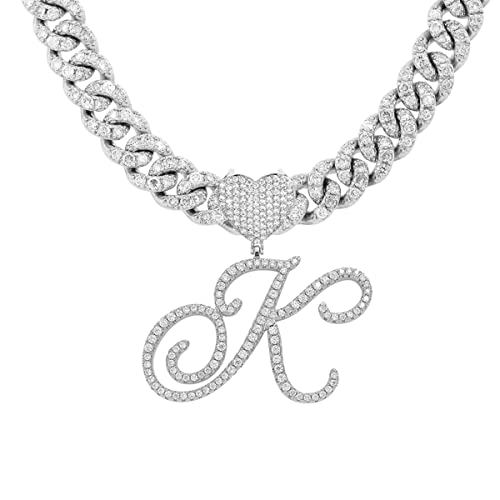 Initial Necklaces Silver Cuban Link Chain for Women Iced Out Chain with Heart Letter Pendants Custom Chain Name Necklace Hip Hop Jewelry Gift - color: K