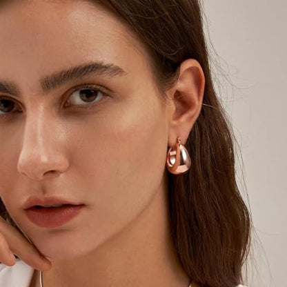 OOOPEL Gold Hoop Earrings for Women,925 Sterling Silver Chunky Hoop Earrings Hypoallergenic Lightweight 14K Gold Plated Thick Gold Hoops for Women 22mm 26mm - color: rose gold-26