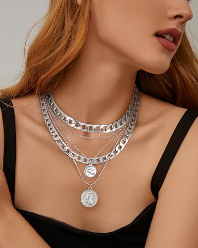 MJartoria Layered Necklaces for Women Trendy Retro Coin Pendant | Dainty Chunky Chain, Choker Necklaces, Jewelry Birthday Gifts - color: Silvery, style: Zodiac-Aquarius-3PCS Layered