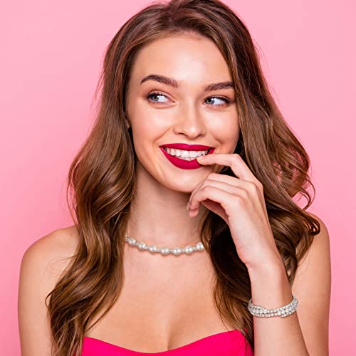 Glenmal Pearl Rhinestone Jewelry Set for Women Pearl Necklace Bracelet Earrings for Wedding Halloween Bridal Shower Tea Party - style: Charming Style