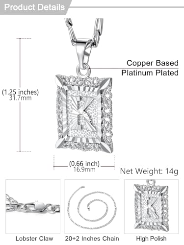 U7 Initial Letter Necklace for Men Women, 14K Gold/Silver Plated Square Capital Monogram Pendant Necklace from A-Z with 22+2 Inch Figaro Chain, Personalized Jewelry for Him - color: Silver, style: K