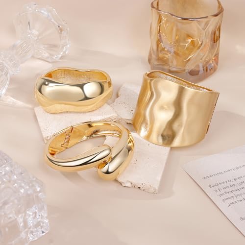 Chunky Gold Bangles Bracelets for Women, 14k Gold Plated Hinged Big Stackable Bangles Set, Trendy Wide Statement Cuff Bracelets Stack Fashion Jewelry Gifts - color: Gold-3pcs-Styles-3