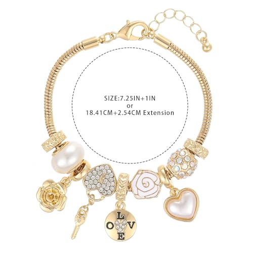 Charm Bracelet Gold Bracelets for Women Gifts | LOVE Heart Hollow Flower Bow Pink Green Square Gemstone Beaded Charm Bracelet Cute Adjustable Bracelet Jewelry - style: LOVE Lettered Disc