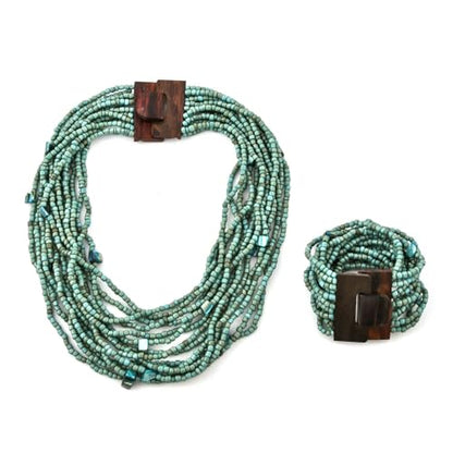 Shop LC Seed Bead Necklace Bracelet Set Boho Jewelry for Women | Multi Layered Boho, Wooden Clasp, 18 Inch Necklace, Stretchable Bracelet - color: Green