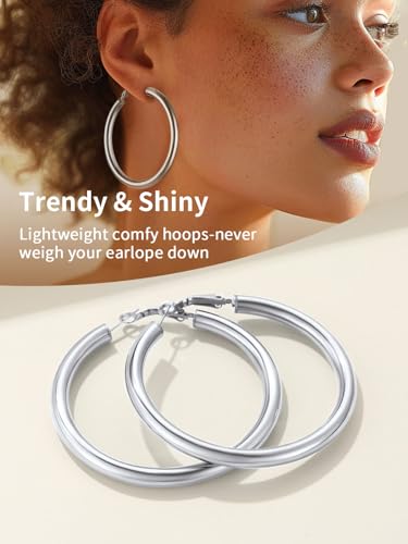 FindChic Hoop Earrings for Women, Silver/Black/14K Gold Plated Hypoallergenic Hollow Round Tube Loop Earrings, 20mm/30mm/40mm/60mm/80mm Chunky Hoops with Custom Name Options & Gift Box - color: b.Silver, size: 60MM