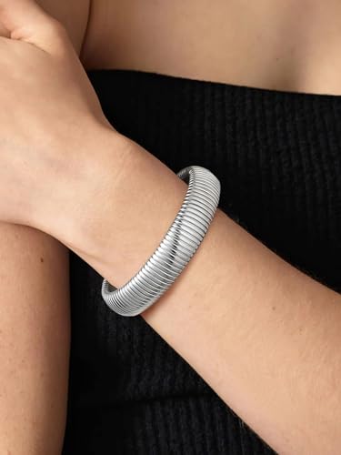 U7 Stretch Bracelets for Women Stainless Steel 18K Gold Plated Bangle Bracelets,Non Tarnish Link Bracelets,10mm,16mm,20mm - color: 02.Stainless Steel-16mm