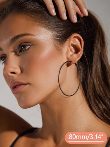 FaithHeart Silver/Black/Gold Stainless Steel Thin Hoop Earrings for Women | 2mm Wide Thin Large Hoop Earrings, Hypoallergenic Lightweight Trendy Jewelry, 20/30/40/50/60/70/80/90/100mm - color: Black, size: 80mm/3.14"