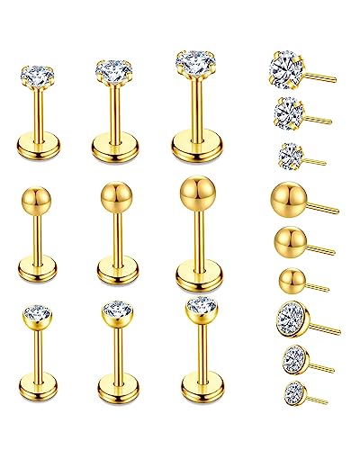 9pcs Threadless Push in Nose Rings Studs for Multiple Piercing,316L Surgical Stainless Steel Lip Rings Studs Labret Jewelry Cartilage Tragus Helix Earrings Studs Monroe Medusa Piercing Jewelry for Women Men - color: A1,20G Gold(6mm)