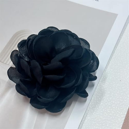 9cm Wedding Fabric Flower Brooch Pin Hair Clip for Women Men Elegant Big Camellia Rose Floral Brooches Lapel Pins Dainty Holiday Party Costume Dress Accessories Jewelry - color: Black
