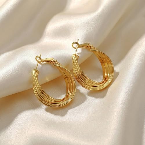 Earrings for Women, Saguine Chunky 14K Gold Plated Hoop Earrings Trendy | Chunky Earring, Big Large U-Shape Drop Twist Dangle Statement Stud Hoops Earrings, Jewelry for Women Gifts - style: Large