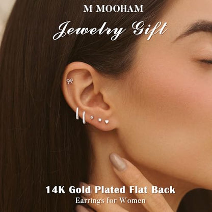 M MOOHAM 9 Pairs Flat Back Earring Stack Set for Women Teen Girls | Hypoallergenic Earrings, 14K Gold Plated Huggie Hoop Stud Earring, Small Cute Bow Cartilage Earrings, Trendy Jewelry Gifts - color: Silver