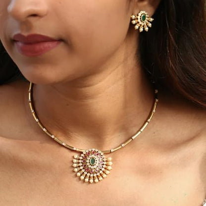 Antique Gold Plated Temple Jewellery Necklace Set with Earrings for Women, Traditional Indian Bridal Necklace Set, South Indian Choker Haram Style Jewellery Set, Ethnic Wedding Party Wear Necklace Set for Women - color: AD-Neck-174