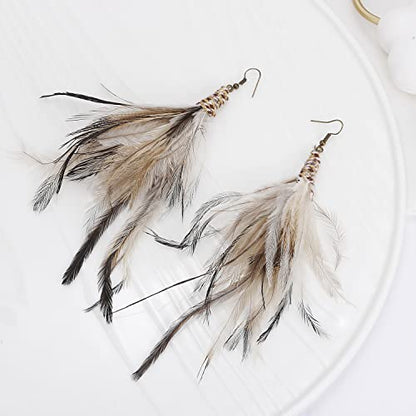 Bohemian Pheasant Peacock Long Feathers Statement Earrings Handmade Natural Lightweight Feather Dangle Earrings for Women (ea000071) - color: Ribbon-like