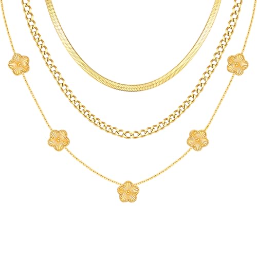 MPRAINBOW Gold Layered Necklace for Women - 3Pcs 18K Gold Plated Floral Necklaces, Stainless Steel Stackable Cuban Link Chain Non Tarnish Trendy Jewelry, Herringbone Chains Christmas Birthday Gifts - color: Gold