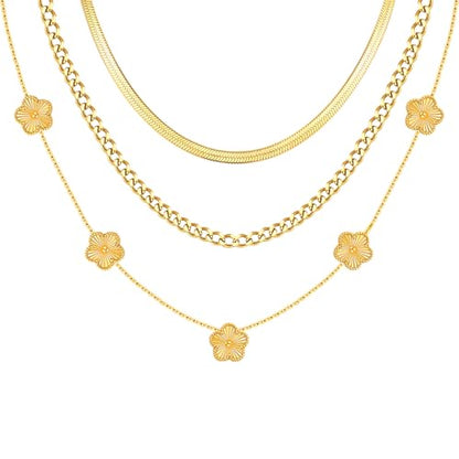 MPRAINBOW Gold Layered Necklace for Women - 3Pcs 18K Gold Plated Floral Necklaces, Stainless Steel Stackable Cuban Link Chain Non Tarnish Trendy Jewelry, Herringbone Chains Christmas Birthday Gifts - color: Gold