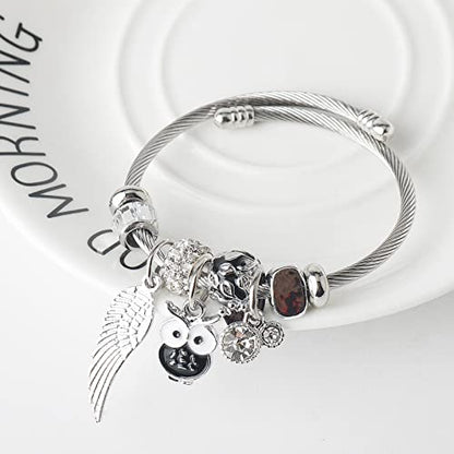 DS Charm Bracelets for girls,exquisite cute cartoon friendship bracelets Silver Stainless Steel Bangle with birthday Gift box, Adjustable girls jewelry Suitable for holiday gifts - style: Silver-owl