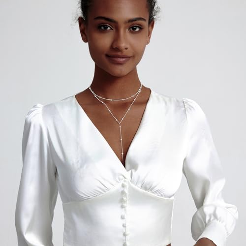 Zeffy Lariat Gold Necklace for Women, Dainty Long Necklace 14k Gold/Silver Plated Layered CZ Beaded Bar Chain Y-Shaped Body Chain Stack Drop Wedding Necklace Trendy Simple Gold Jewelry Gifts - color: Silver Y Bead Necklace (1PCS)