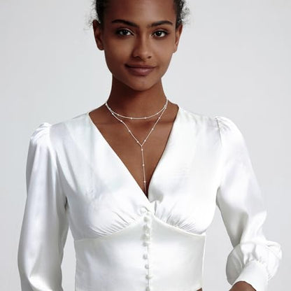 Zeffy Lariat Gold Necklace for Women, Dainty Long Necklace 14k Gold/Silver Plated Layered CZ Beaded Bar Chain Y-Shaped Body Chain Stack Drop Wedding Necklace Trendy Simple Gold Jewelry Gifts - color: Silver Y Bead Necklace (1PCS)