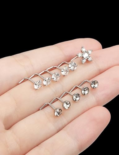 Prjndjw 20G Big Nose Stud Large Nose Studs Surgical Stainless Steel Straight Nose Studs 4mm CZ Paved CZ Nose Rings with 6-CZ Flower Ring for Women Men 11 Pieces - color: 4mm CZ Big 18G Silver L-shaped Nose Stud