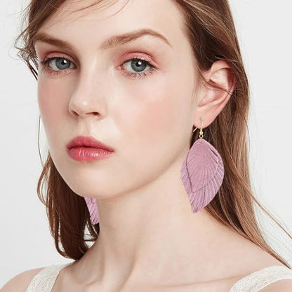 Genuine Leather Handmade Fringe Feather Lightweight Dangle Drop Earrings Teardrop Tassel Hook Earrings for Women - style: 8 Light Pink