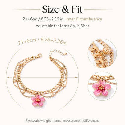 Fesciory Gold Plated Ankle Bracelets for Women, Adjustable Layered Flower Cherry Charm Anklets, Summer Hawaiian Beach Foot Jewelry Gifts - color: Flower(Pink)