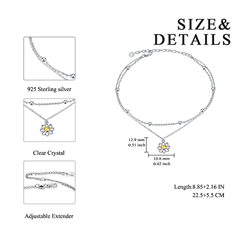 POPLYKE 925 Sterling Silver Double Layered Chain Evil Eye Daisy Sunflower Butterfly Anklets for Women Holiday Beach Crystal Ankle Bracelet Dainty Evil Eye Jewelry - style: Daisy Anklet
