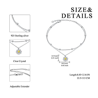 POPLYKE 925 Sterling Silver Double Layered Chain Evil Eye Daisy Sunflower Butterfly Anklets for Women Holiday Beach Crystal Ankle Bracelet Dainty Evil Eye Jewelry - style: Daisy Anklet